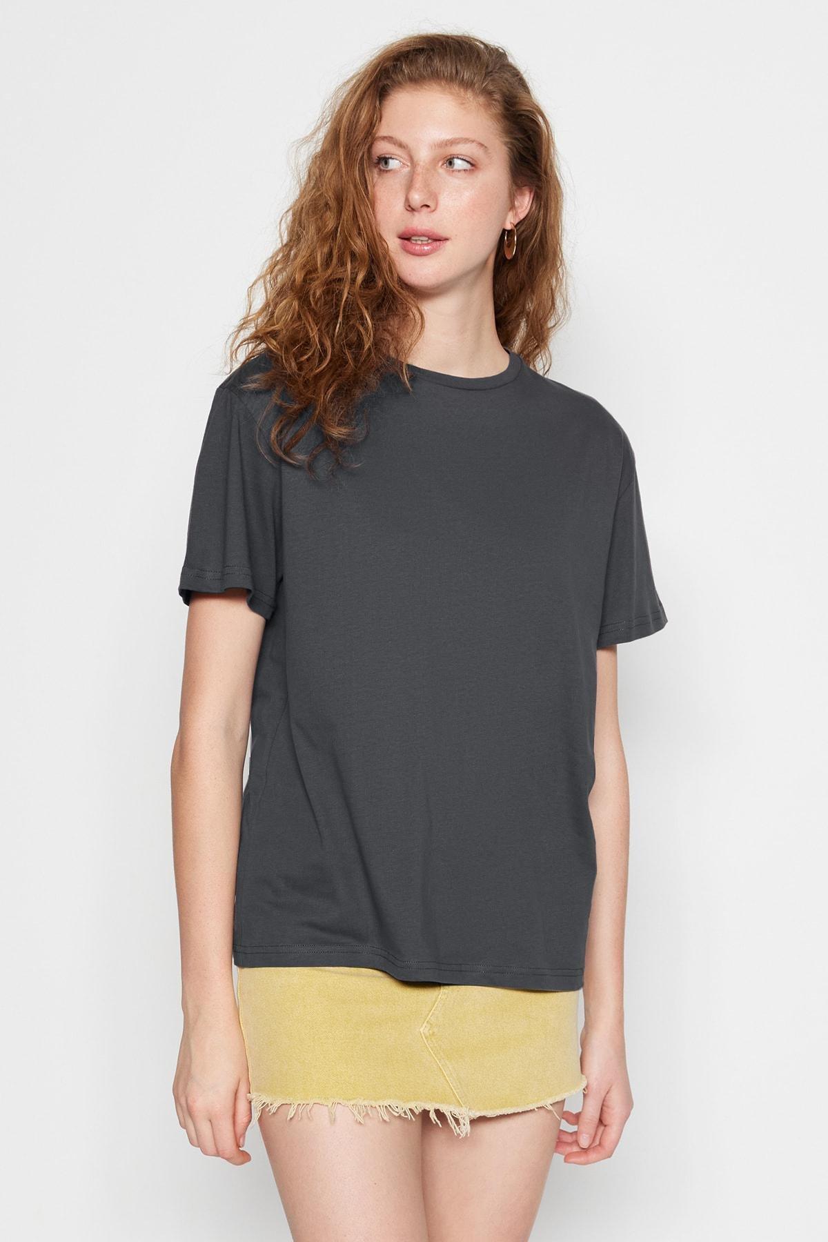 Grey Cotton Crew Neck Boyfriend Knitted T-Shirt, , large image number 1