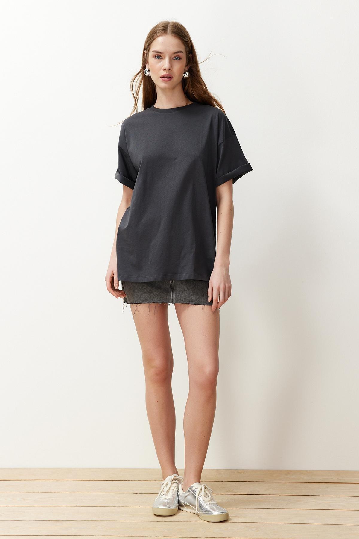 Grey Cotton Crew Neck Boyfriend Knitted T-Shirt, , large image number 2