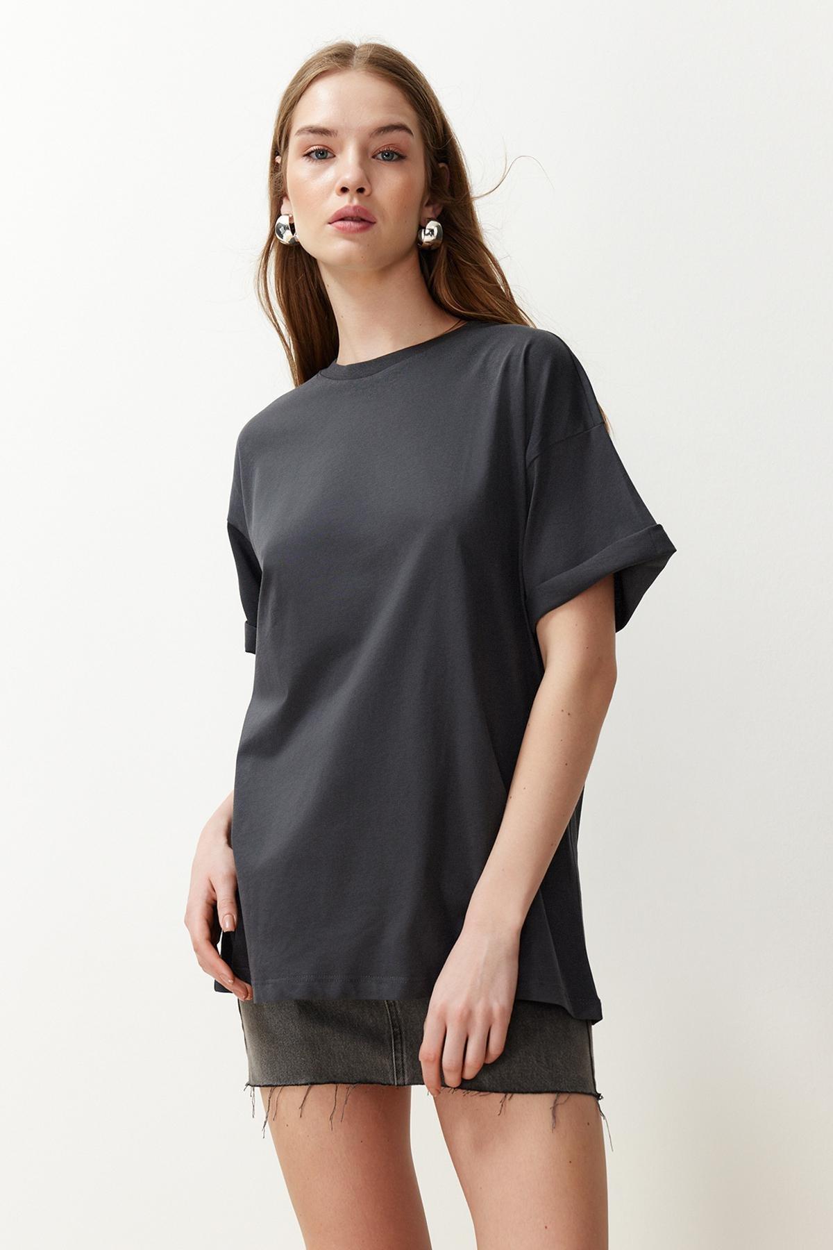 Grey Cotton Crew Neck Boyfriend Knitted T-Shirt, , large image number 5