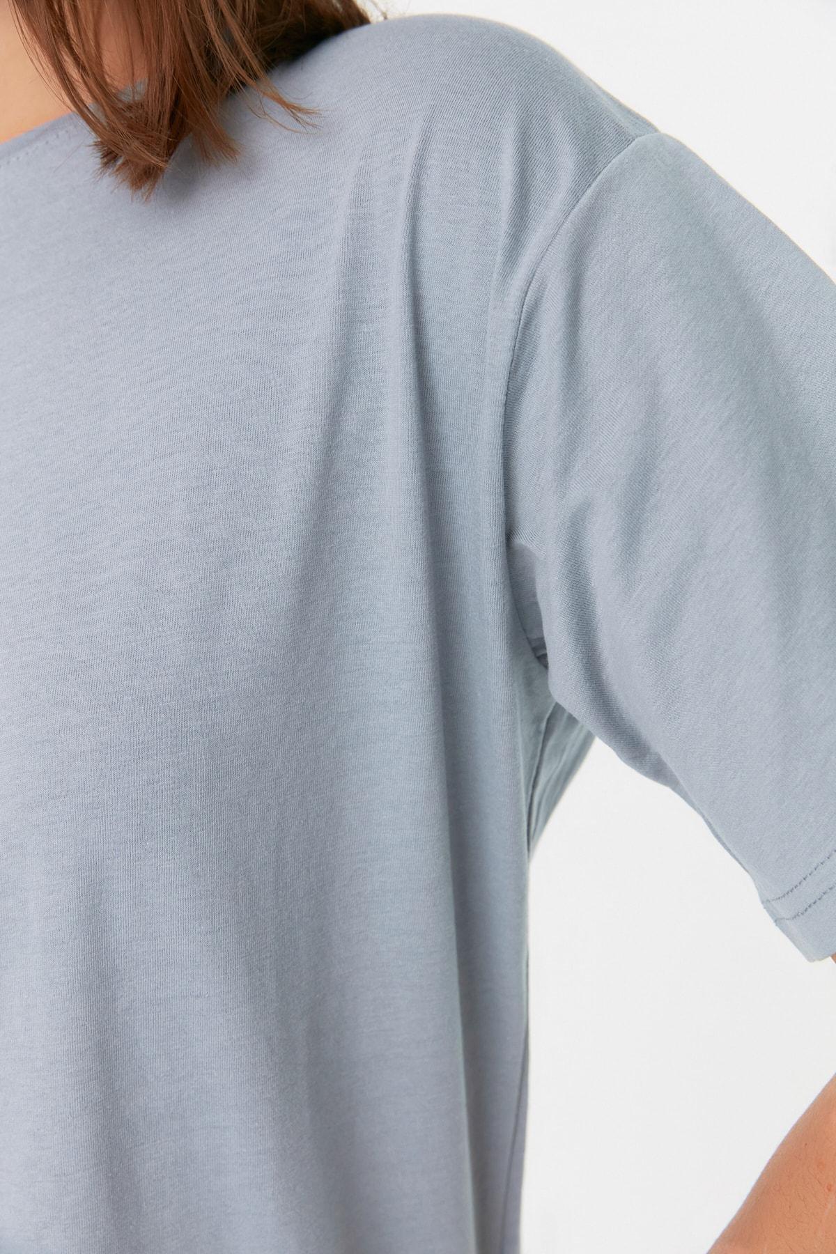 Grey Cotton Crew Neck Boyfriend Knitted T-Shirt, , large image number 6