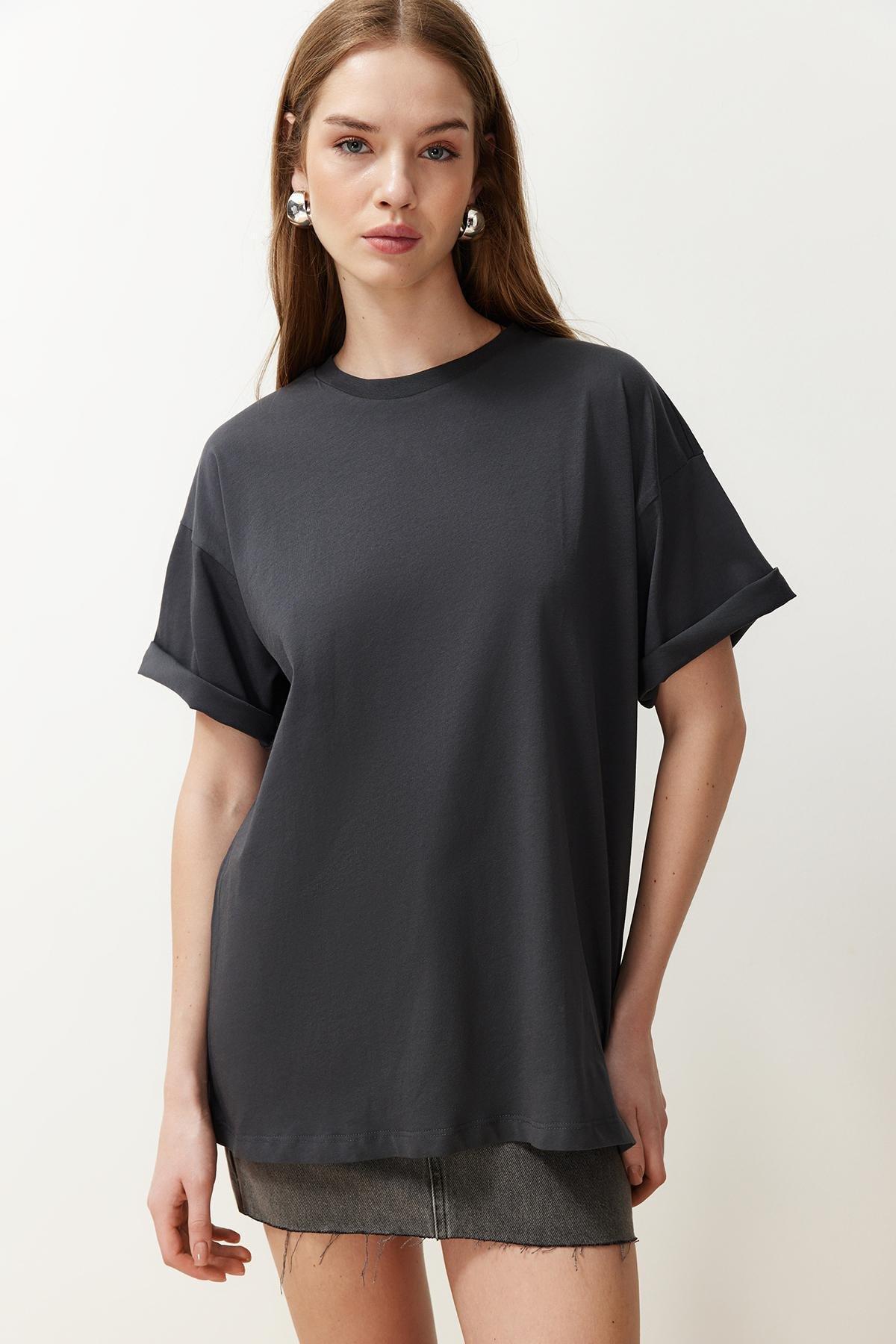 Grey Cotton Crew Neck Boyfriend Knitted T-Shirt, , large image number 8