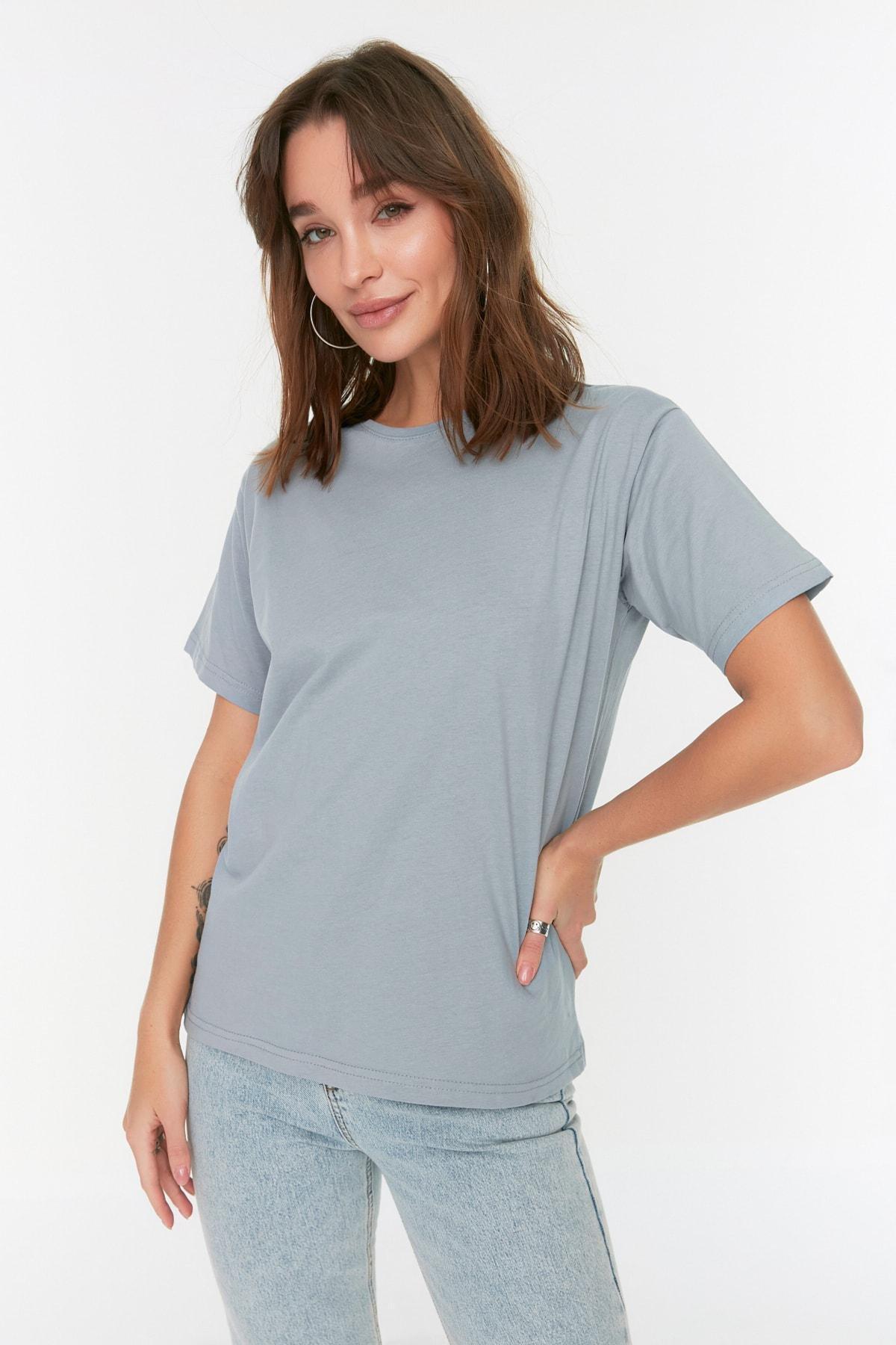 Grey Cotton Crew Neck Boyfriend Knitted T-Shirt, , large image number 9