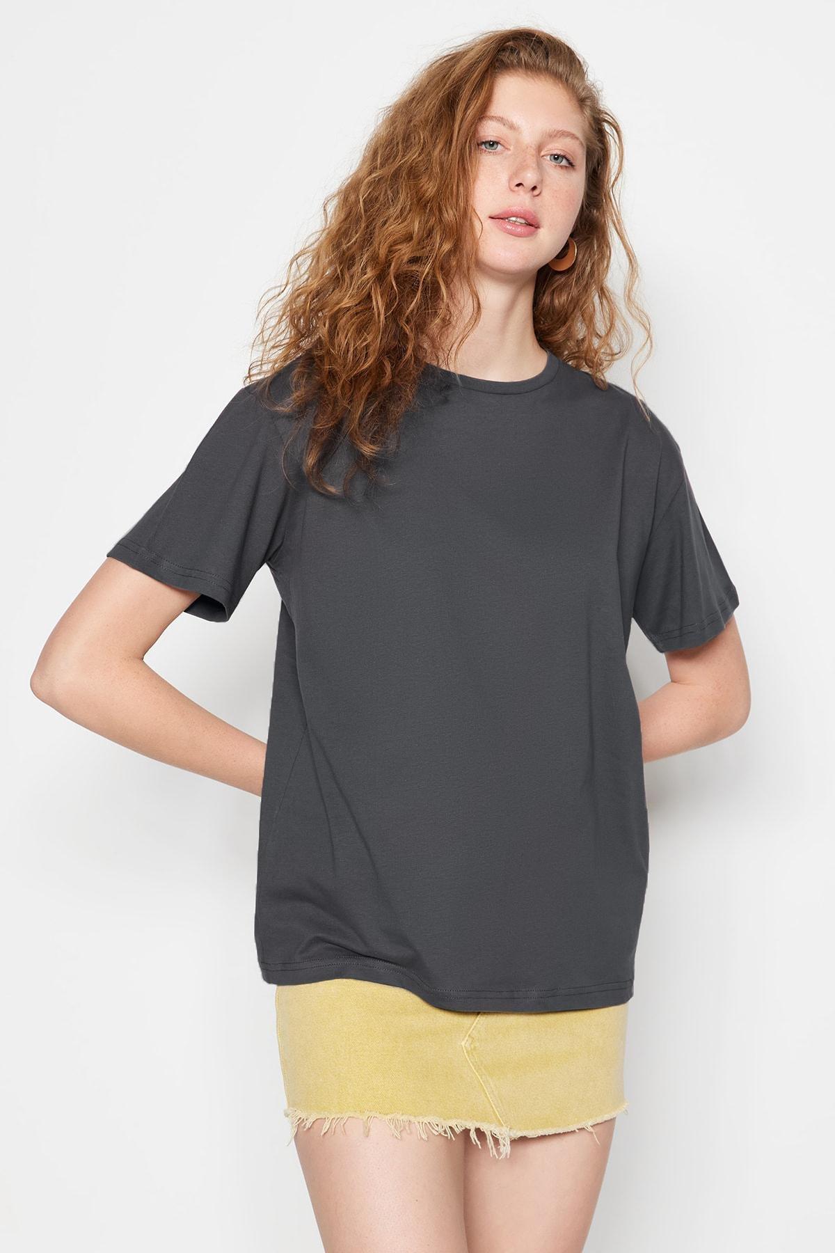 Grey Cotton Crew Neck Boyfriend Knitted T-Shirt, , large image number 10