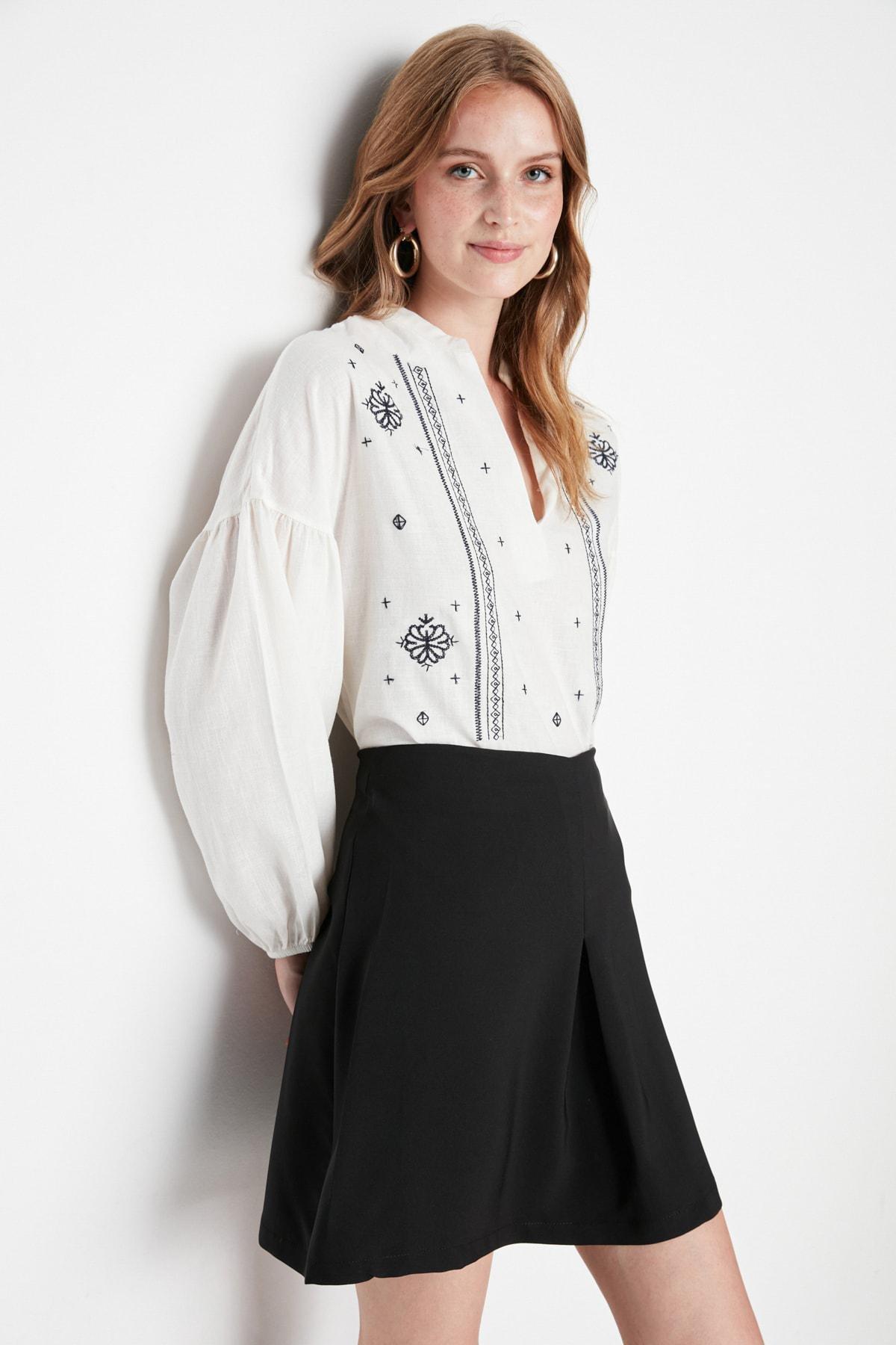 White Mandarin Collar Blouse, White, large image number 0