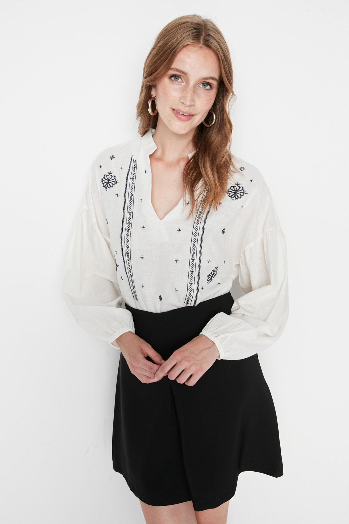 White Mandarin Collar Blouse, White, large image number 1