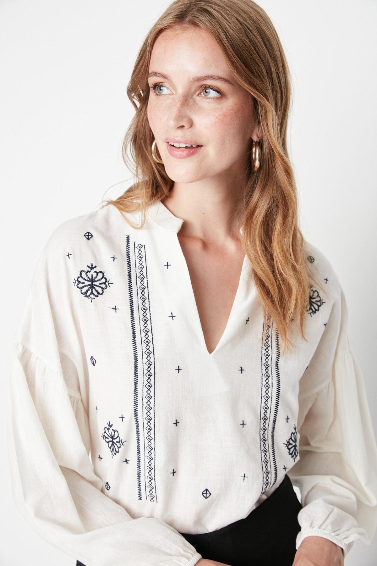 White Mandarin Collar Blouse, White, large image number 2