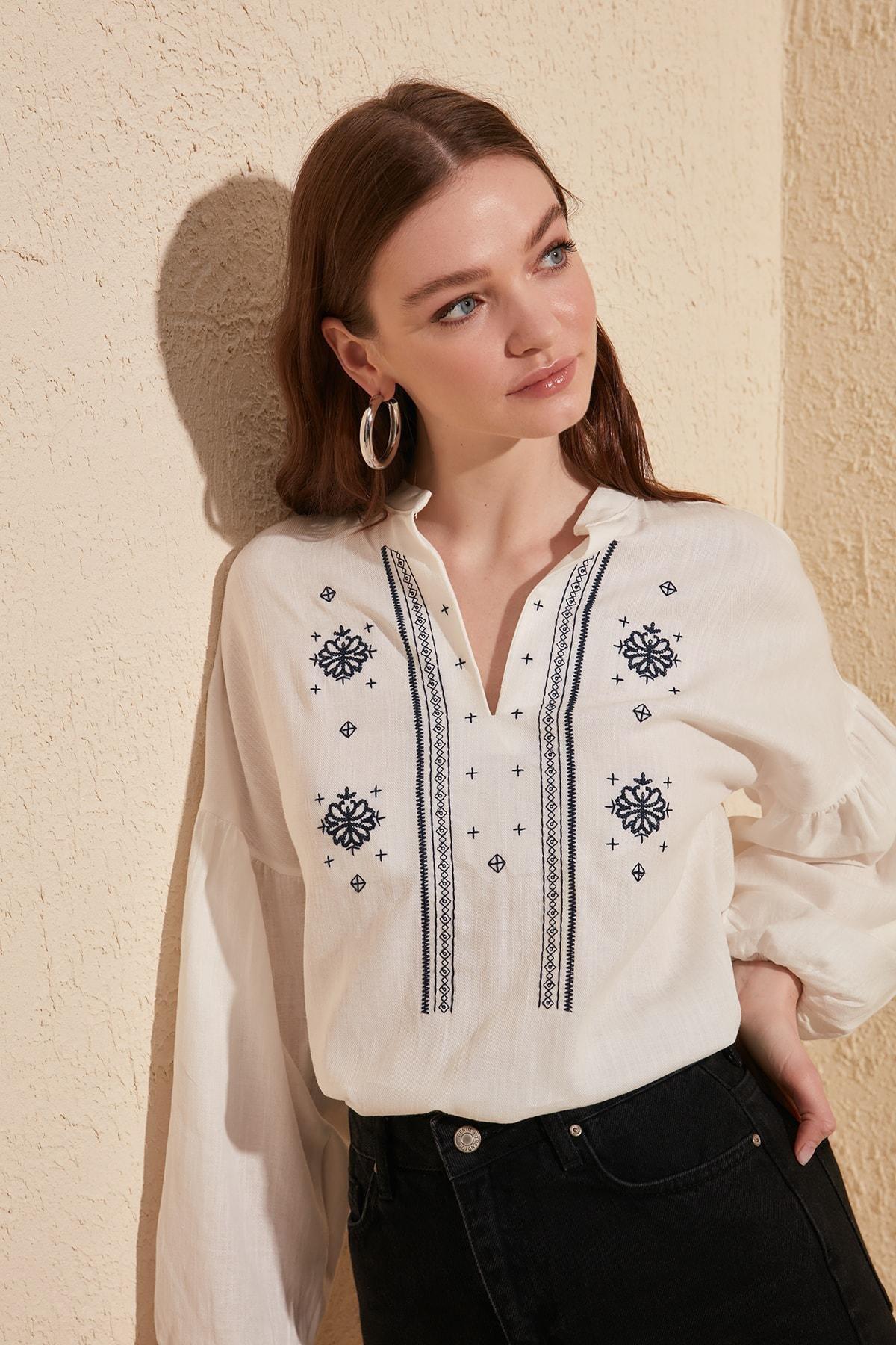 White Mandarin Collar Blouse, White, large image number 5