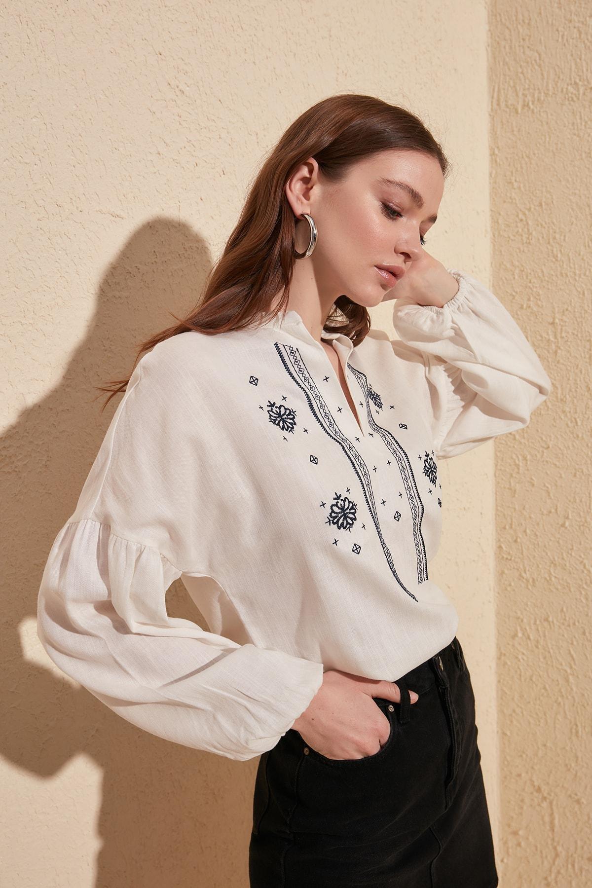 White Mandarin Collar Blouse, White, large image number 6