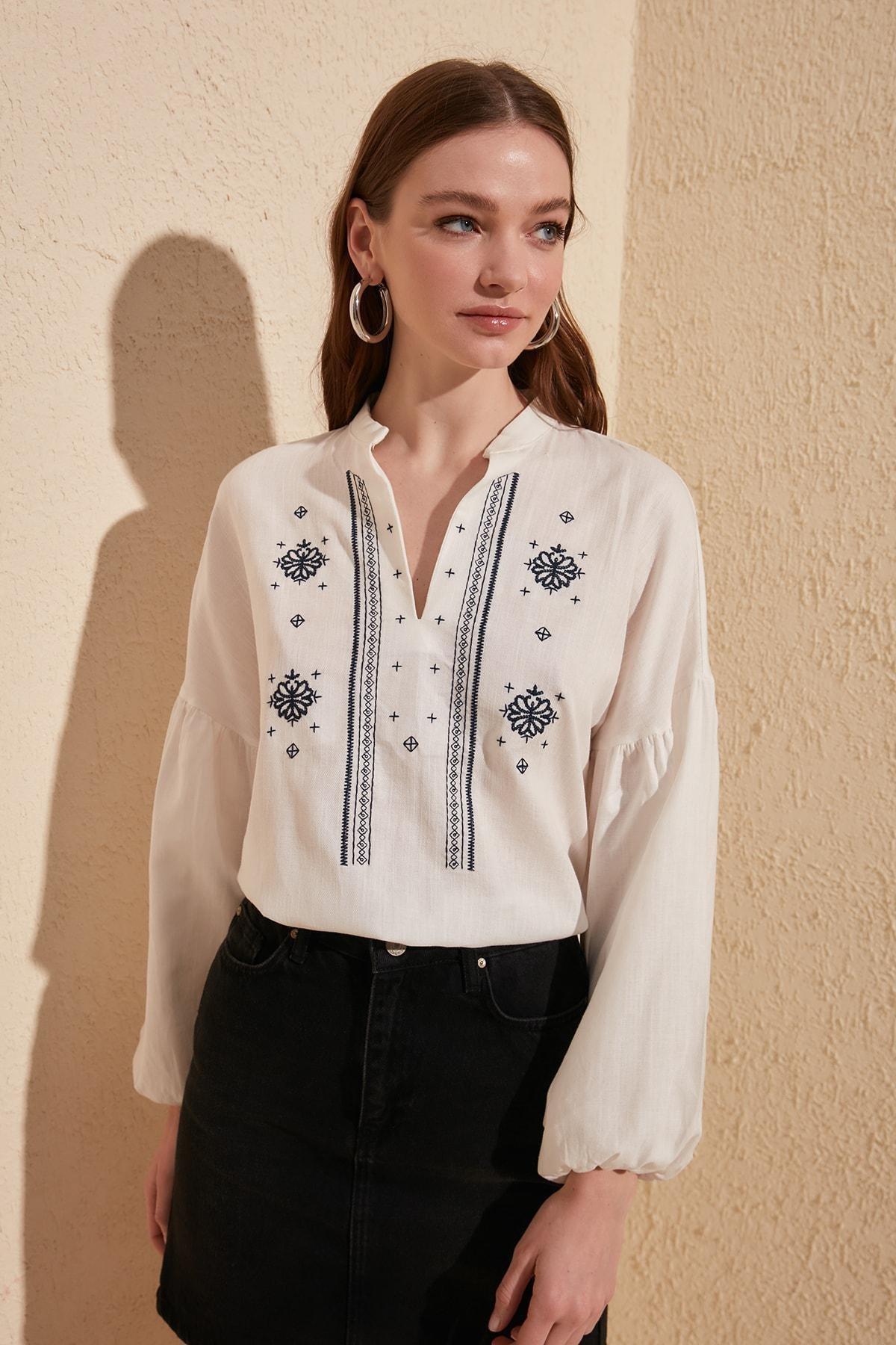 White Mandarin Collar Blouse, White, large image number 7