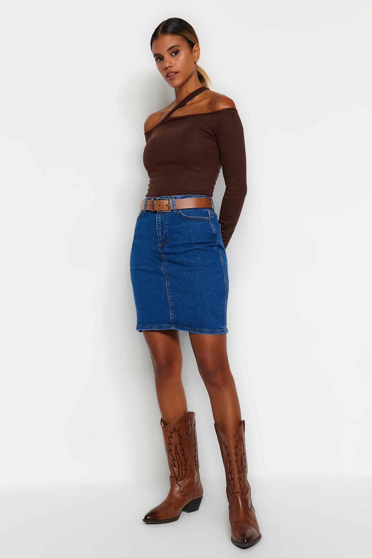 Blue A Line Mini Denim Skirt, , large image number 0