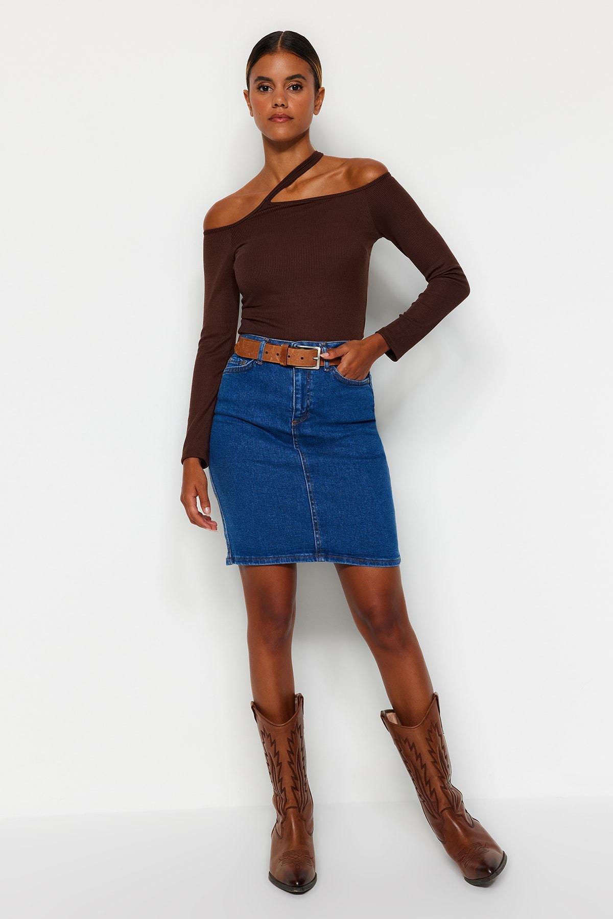 Blue A Line Mini Denim Skirt, , large image number 1