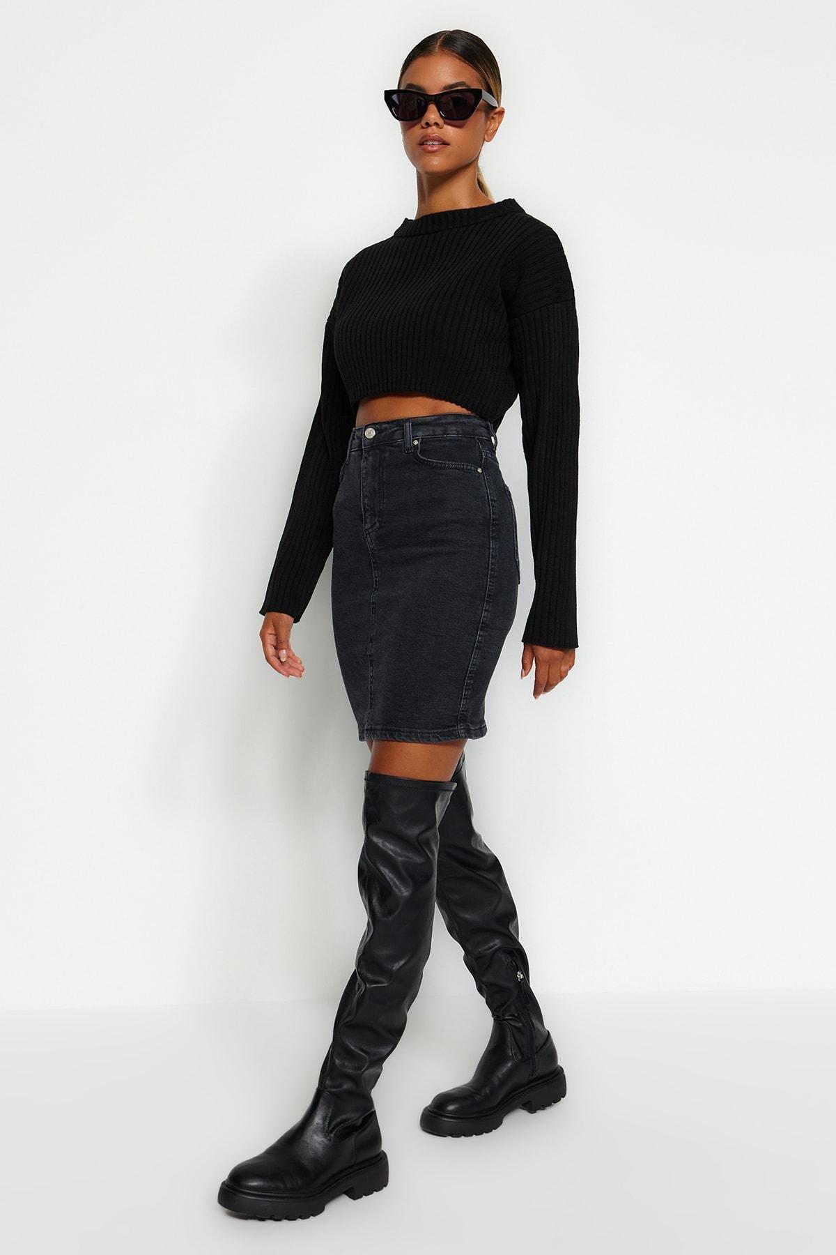 Black Denim A-Line Mini Skirt, , large image number 1
