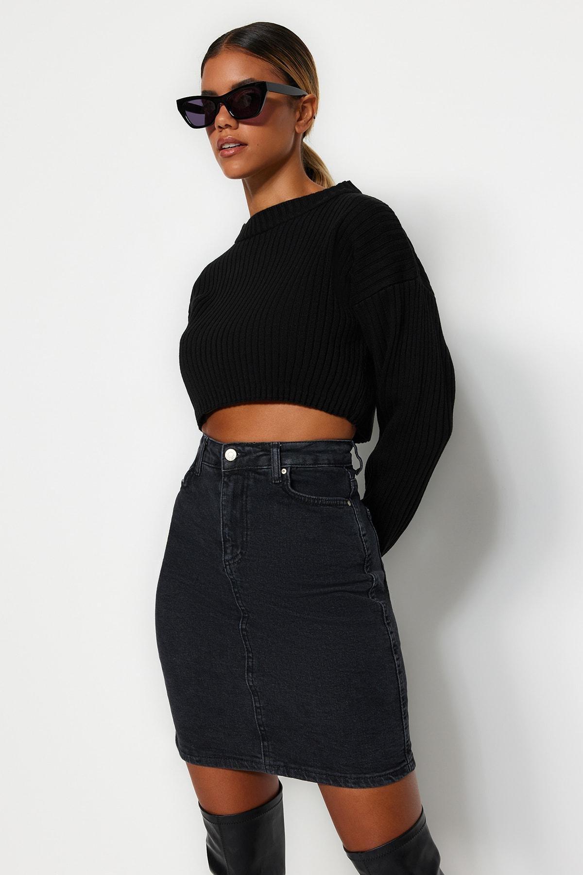 Black Denim A-Line Mini Skirt, , large image number 3