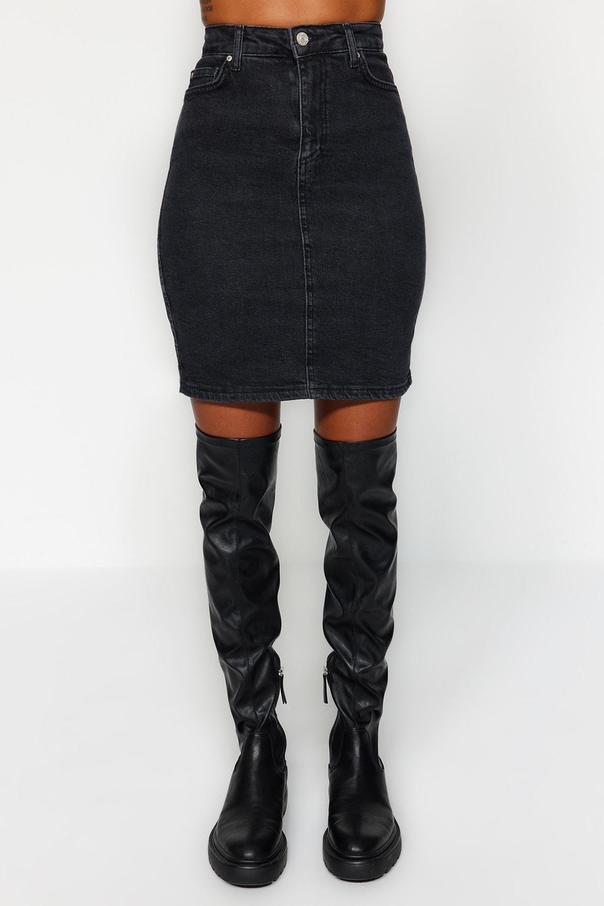 Black Denim A-Line Mini Skirt, , large image number 5