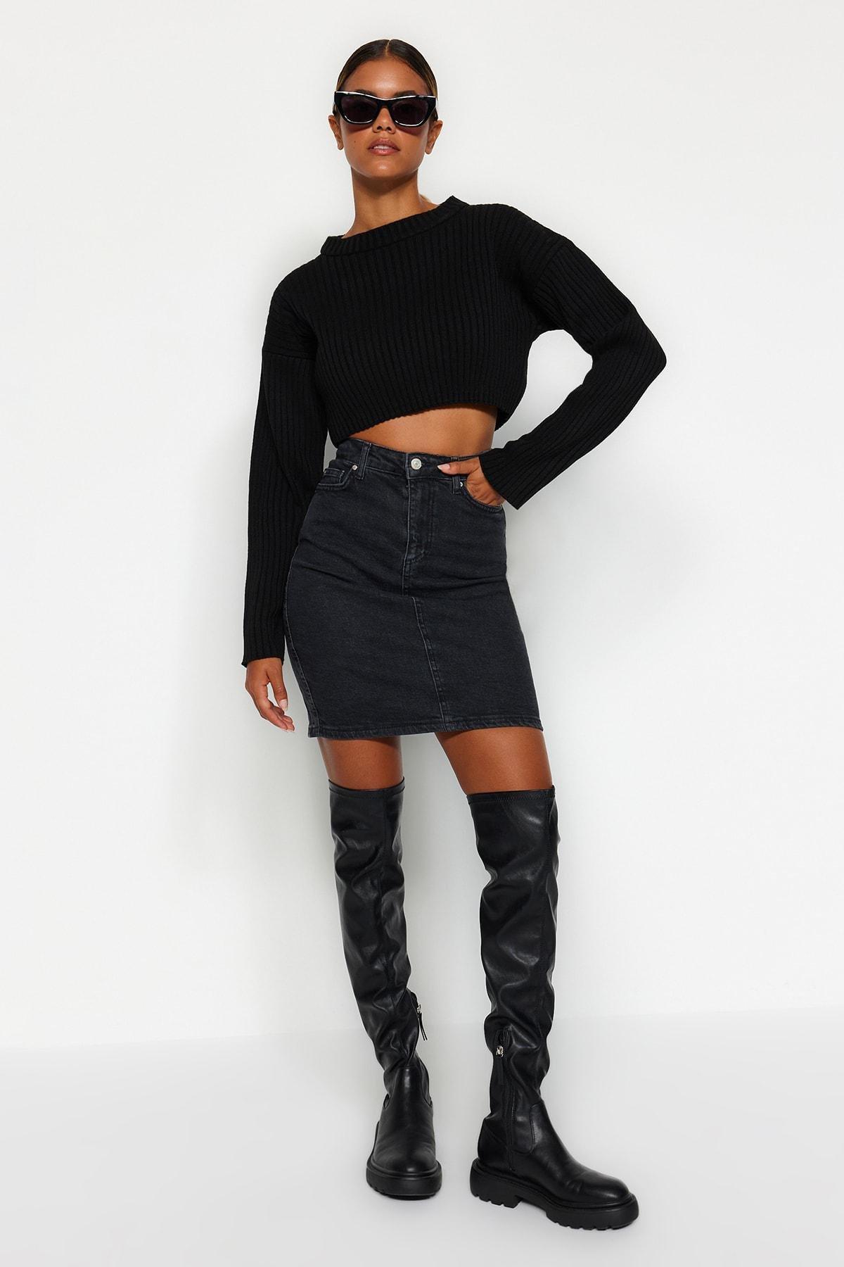 Black Denim A-Line Mini Skirt, , large image number 9