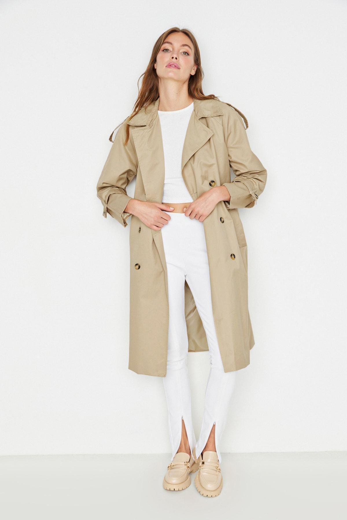 Beige Double Breasted Maxi Trench Coat, Beige, large image number 1