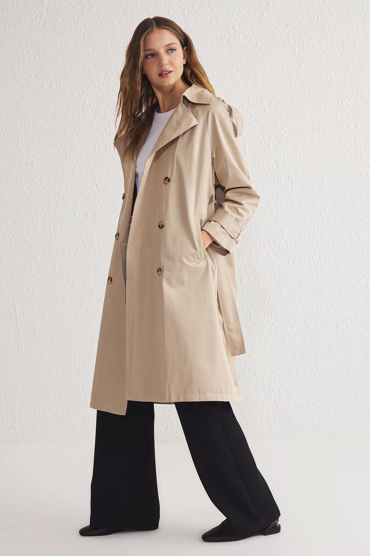 Beige Double Breasted Maxi Trench Coat, Beige, large image number 2