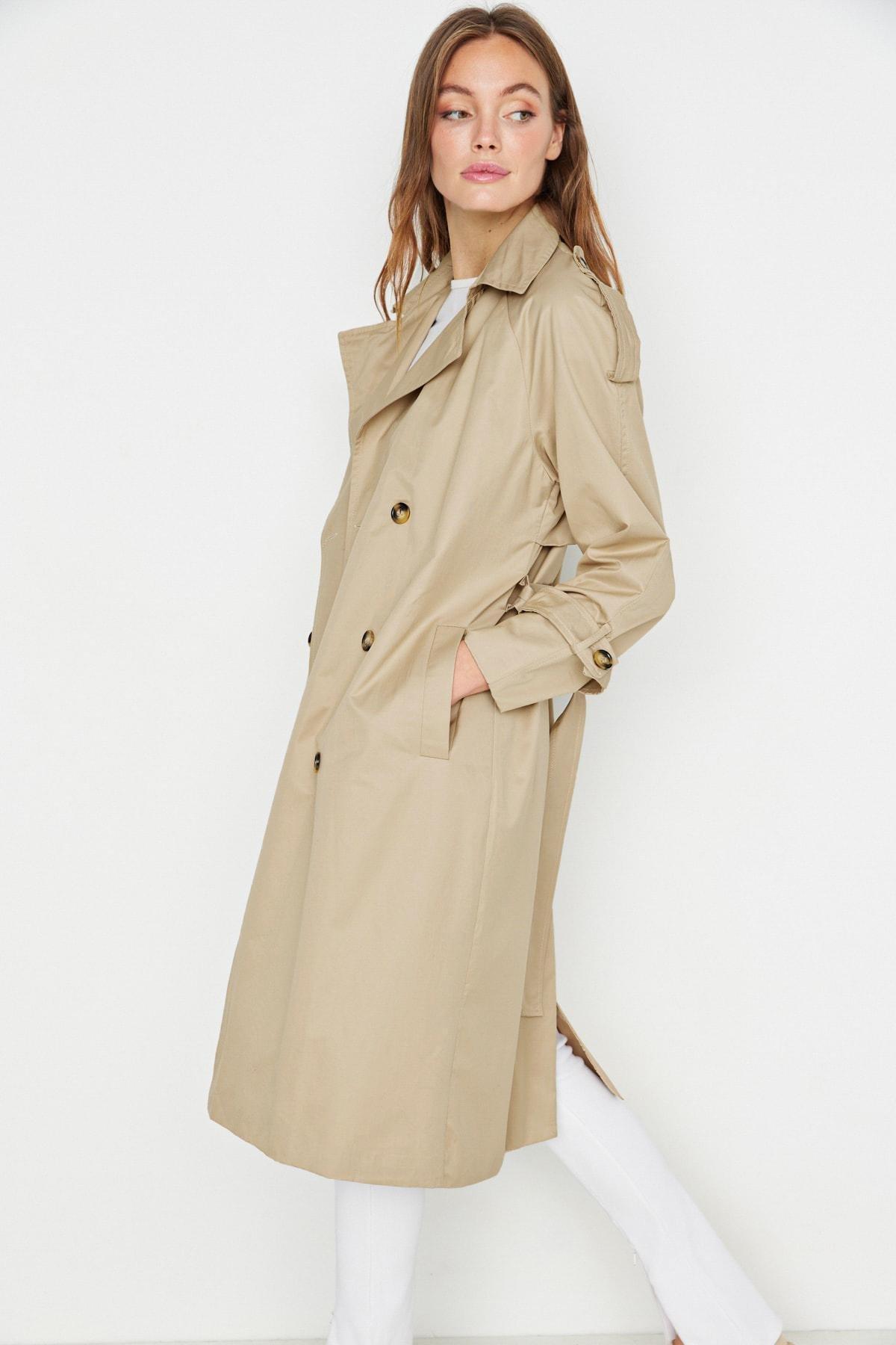 Beige Double Breasted Maxi Trench Coat, Beige, large image number 3
