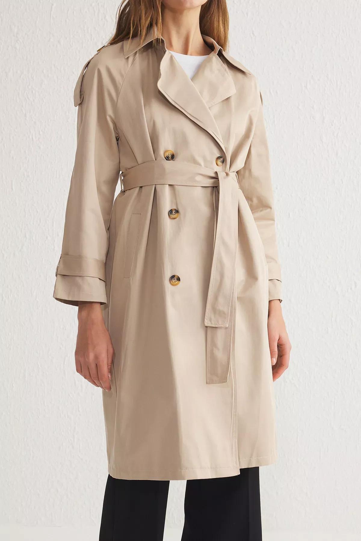 Beige Double Breasted Maxi Trench Coat, Beige, large image number 6