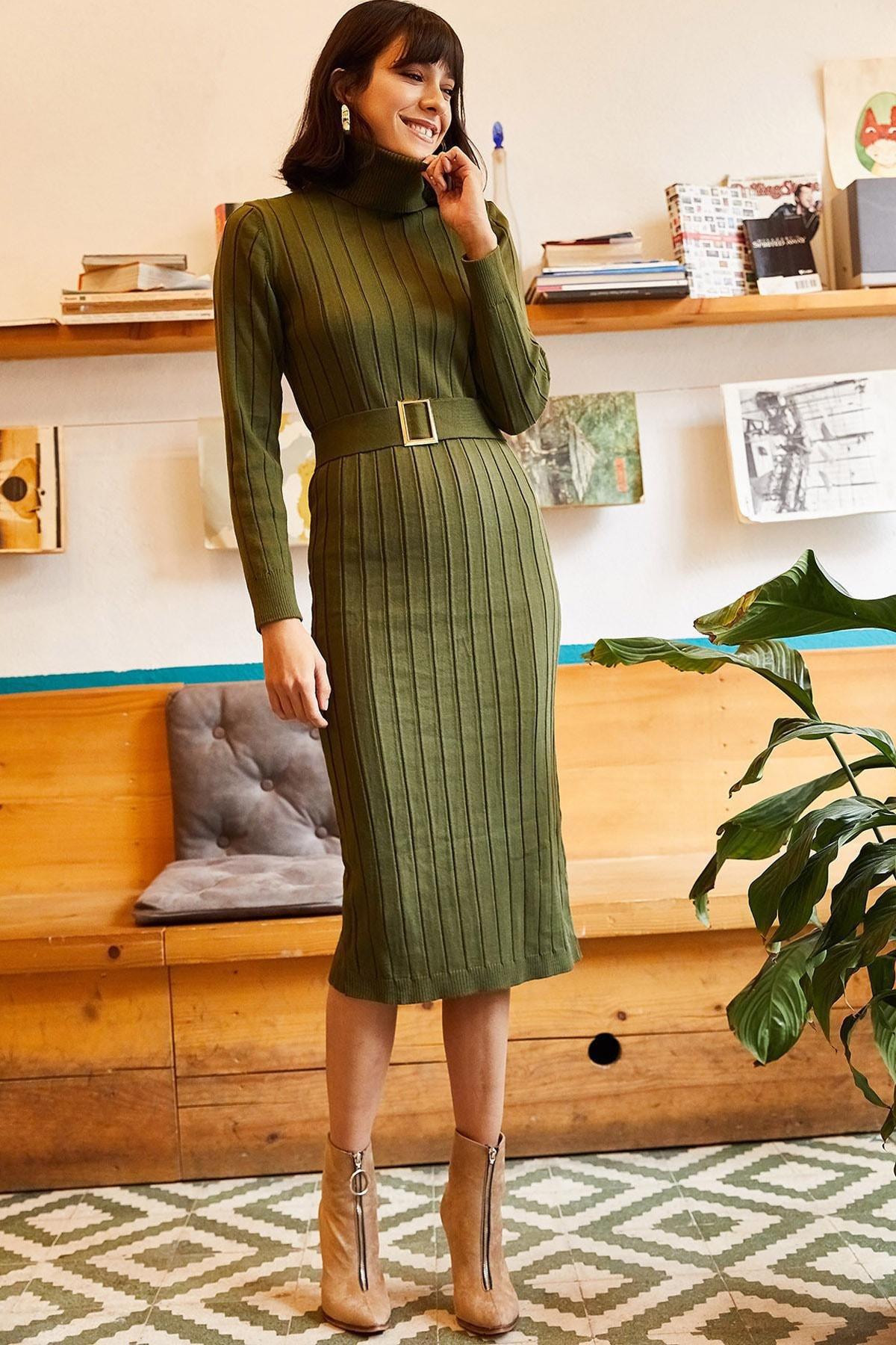 Khaki Belted Ribbed Sweater Dress, , large image number 0