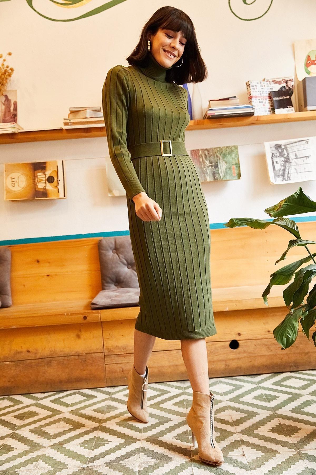 Khaki Belted Ribbed Sweater Dress, , large image number 1