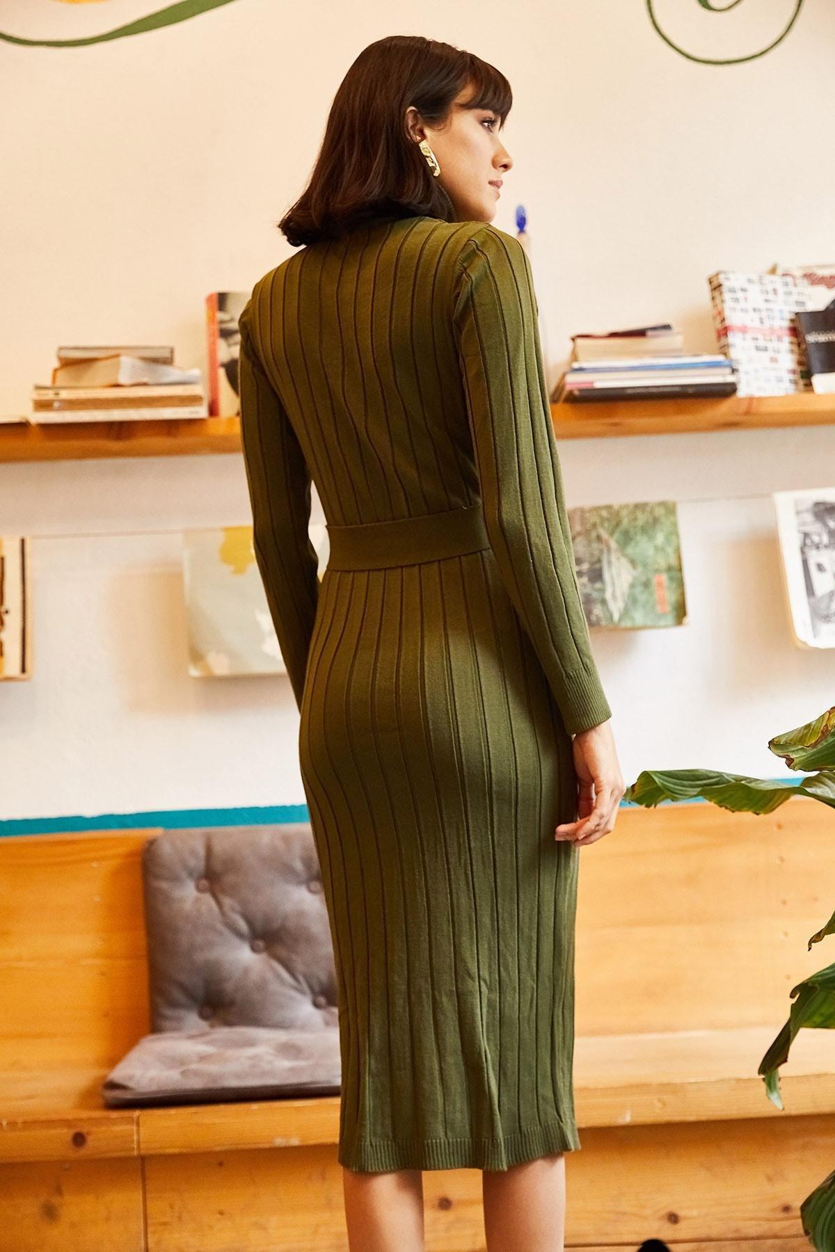 Khaki Belted Ribbed Sweater Dress, , large image number 3
