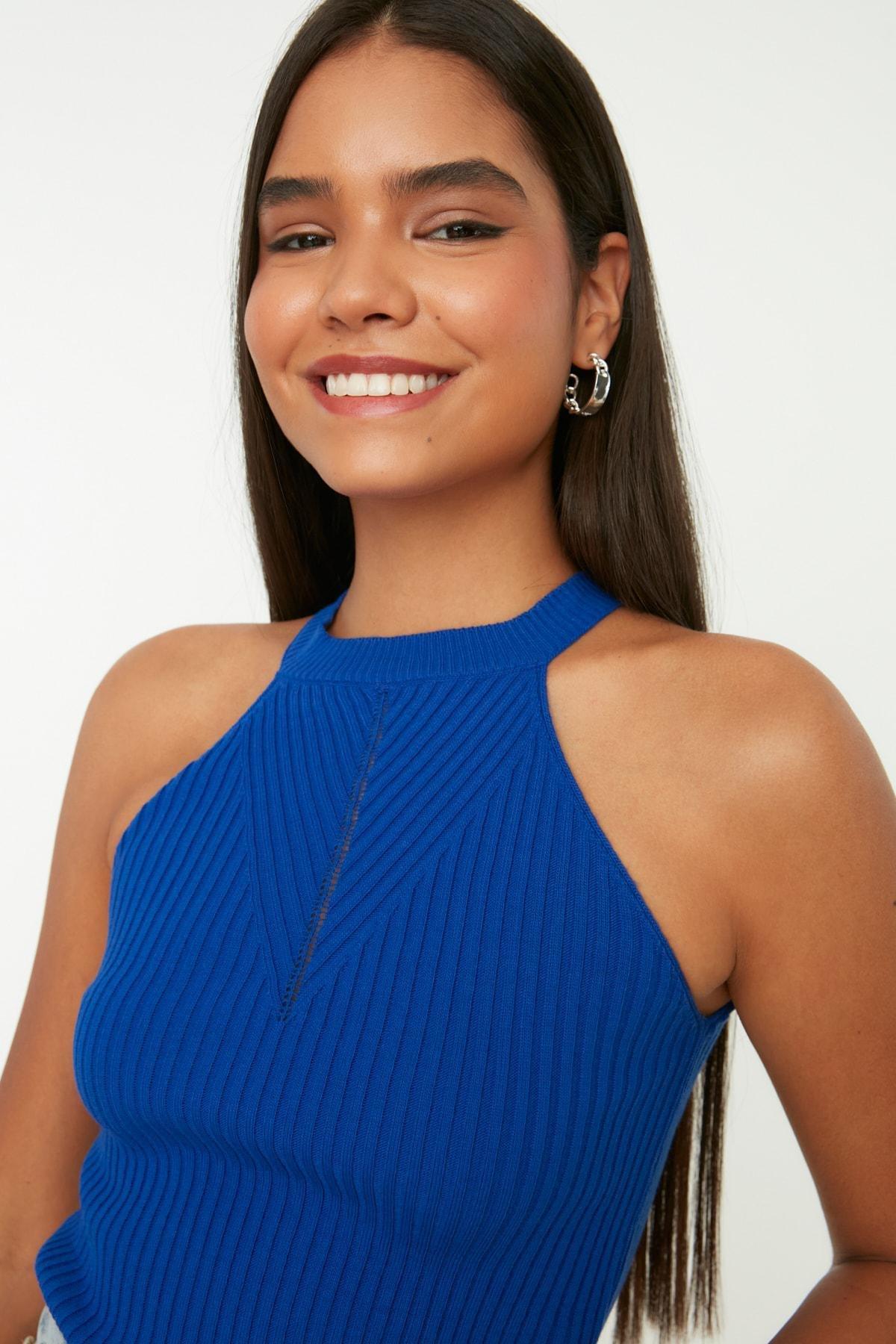 Blue Slim Maxi Halter Neck Blouse, , large image number 0