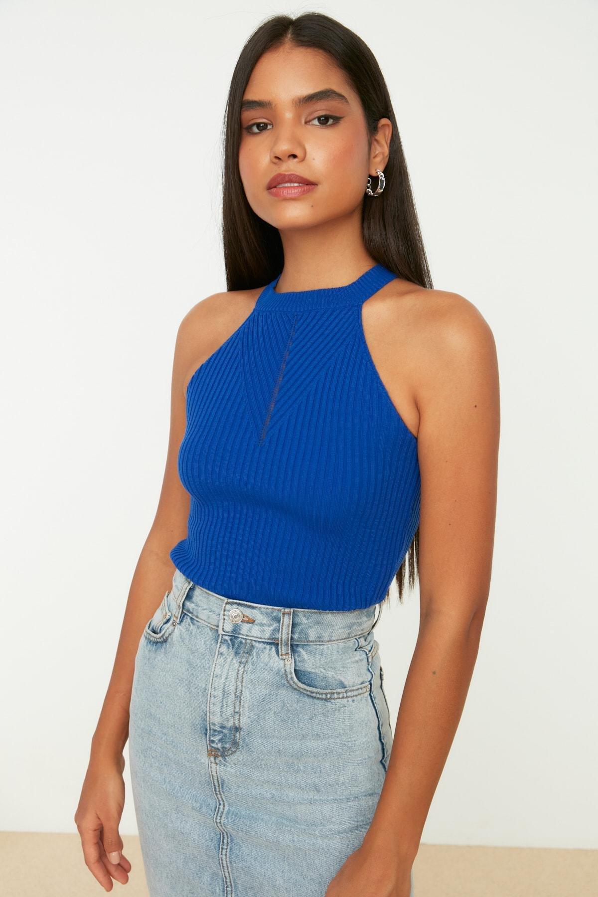 Blue Slim Maxi Halter Neck Blouse, , large image number 1