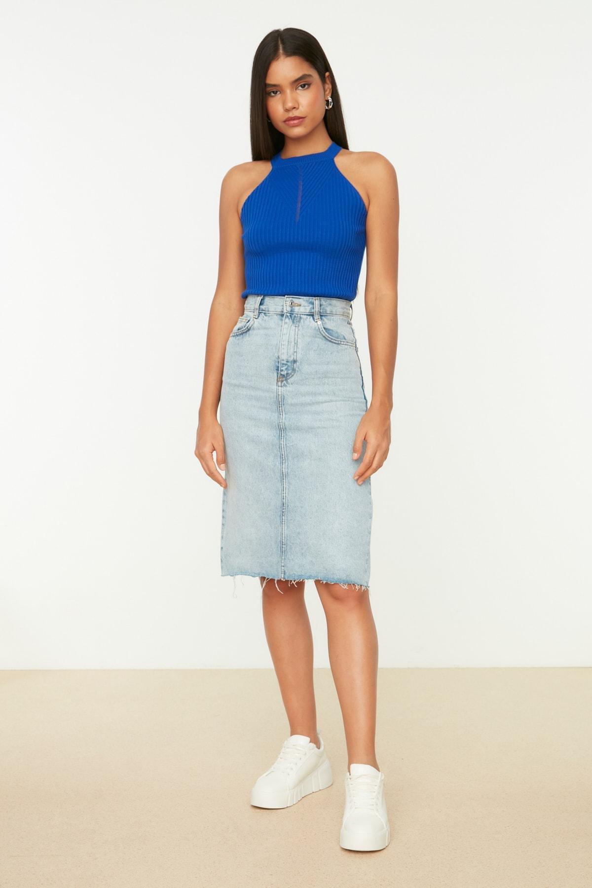 Blue Slim Maxi Halter Neck Blouse, , large image number 2