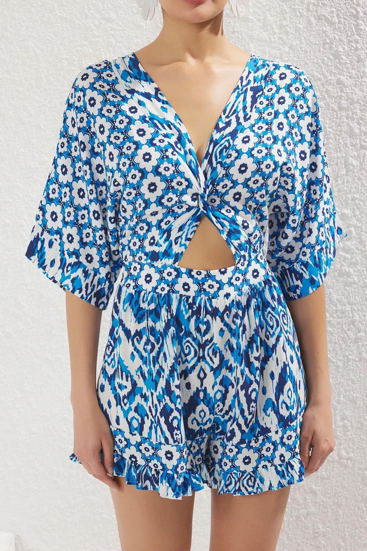 Blue Ethnic Patterned Cut-Out Jumpsuit, , large image number 2