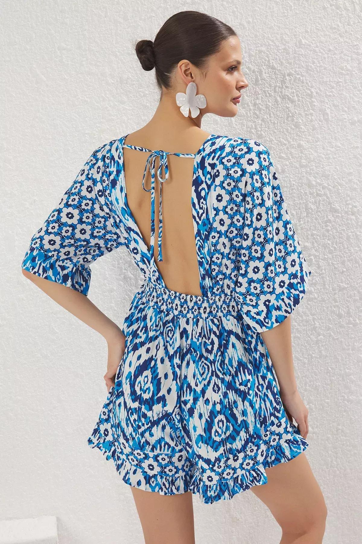 Blue Ethnic Patterned Cut-Out Jumpsuit, , large image number 3