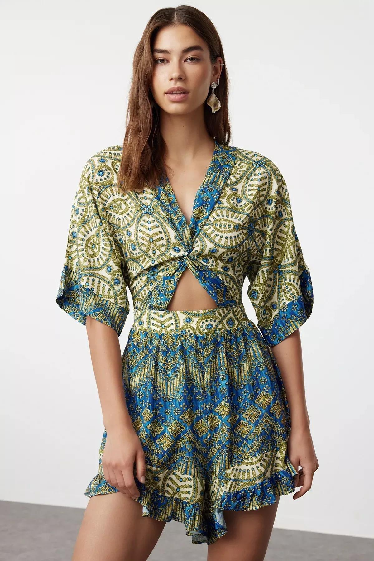 Green Ethnic Patterned Beach Jumpsuit, , medium