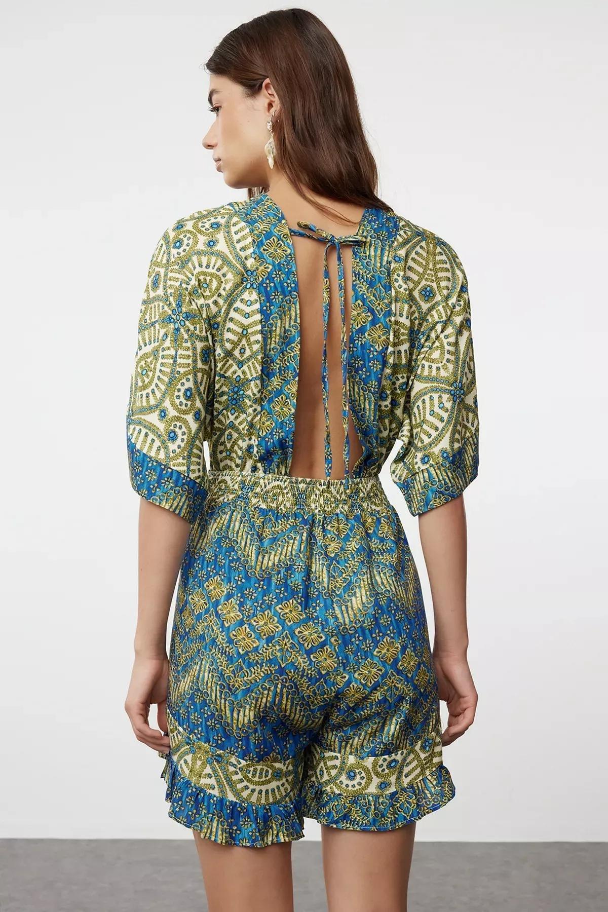 Green Ethnic Patterned Beach Jumpsuit, , large image number 4