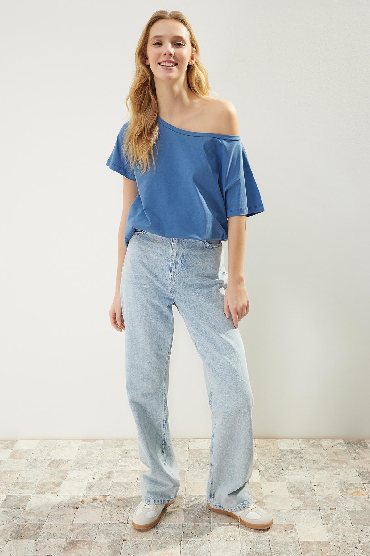 Blue Boat Neck Knitted T-Shirt, , large image number 1