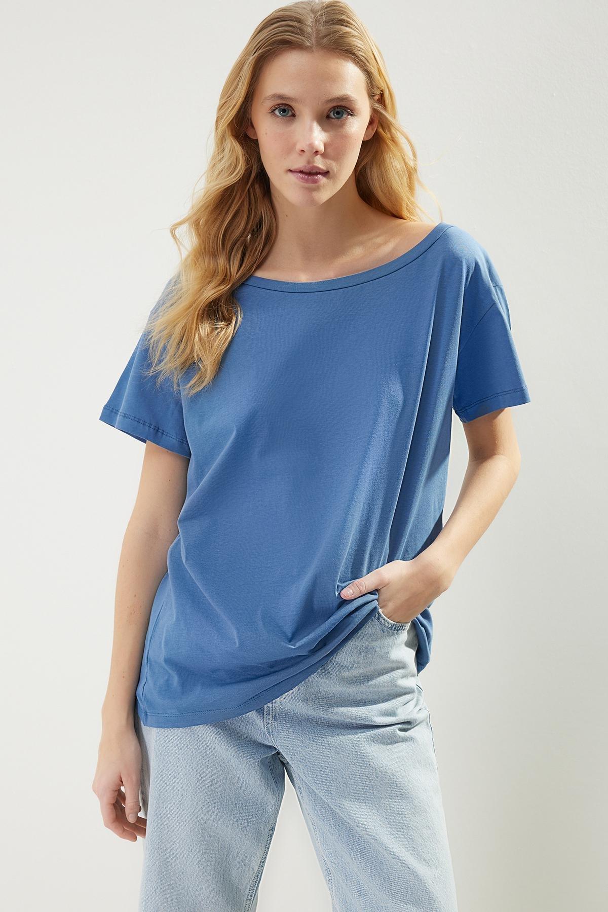Blue Boat Neck Knitted T-Shirt, , large image number 2