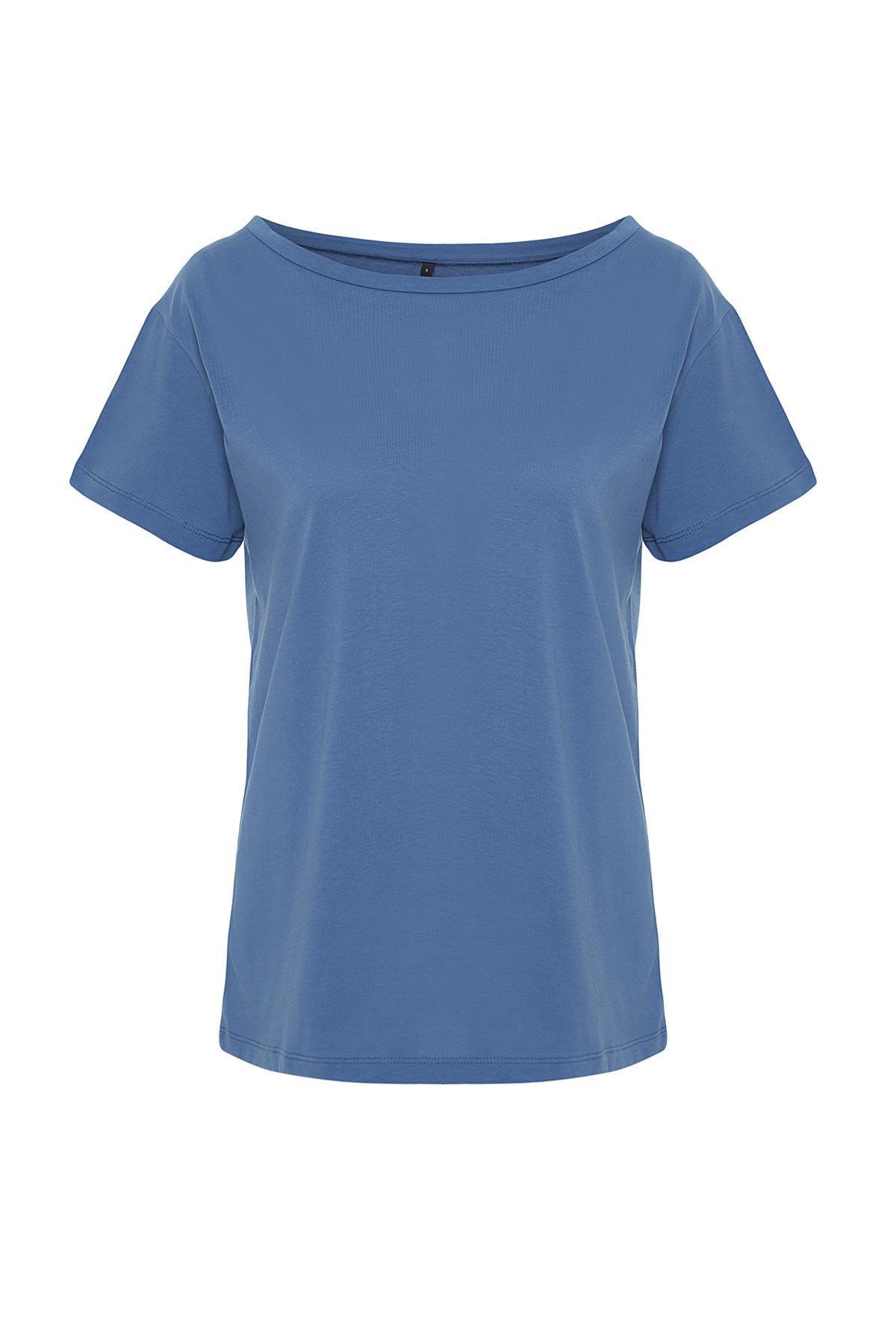 Blue Boat Neck Knitted T-Shirt, , large image number 5