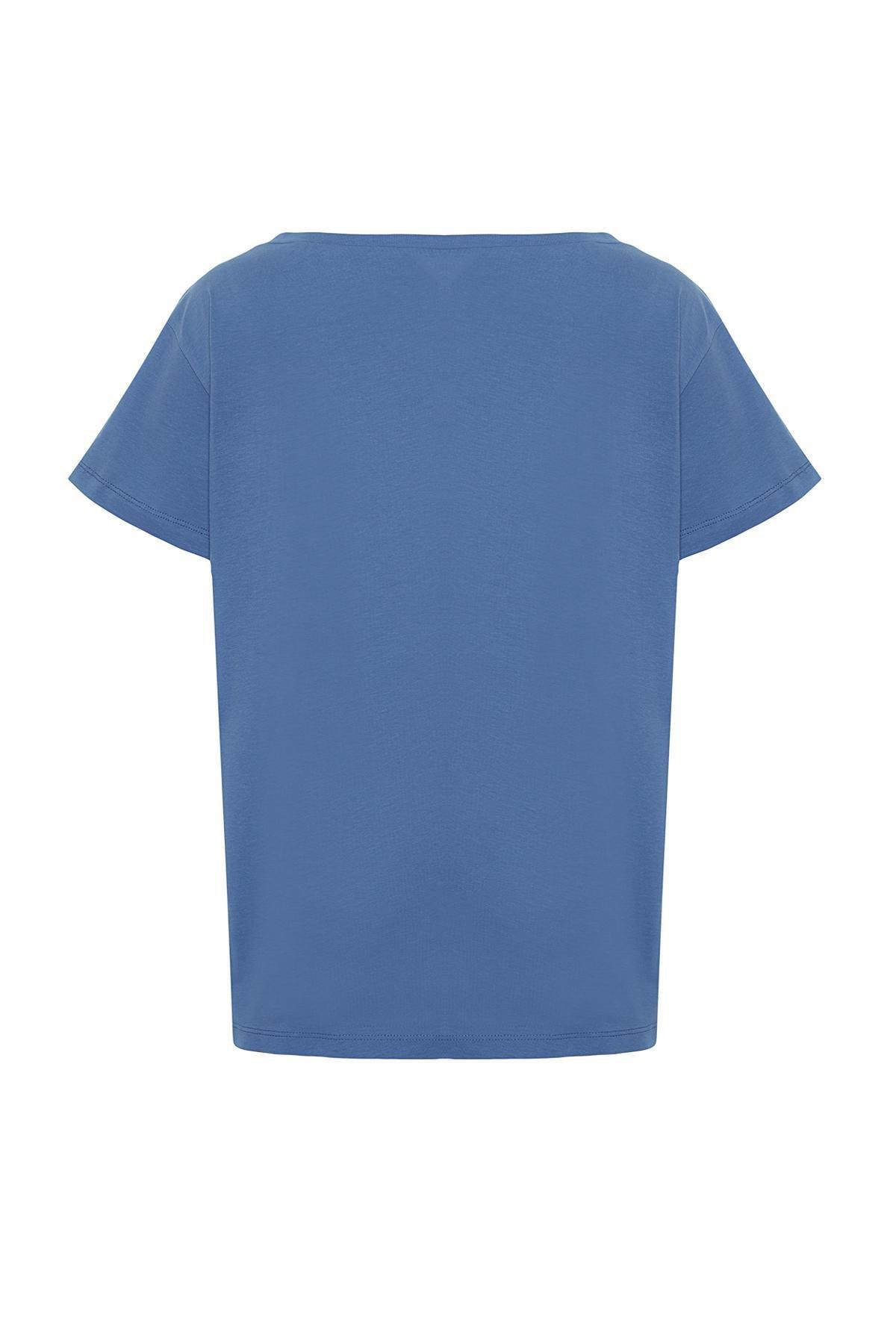 Blue Boat Neck Knitted T-Shirt, , large image number 6