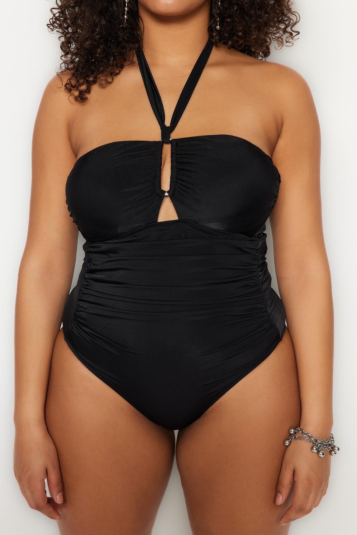Black Plain Plus Size Swimsuit, , large image number 0