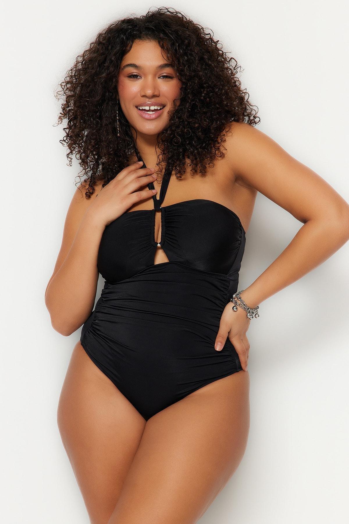 Black Plain Plus Size Swimsuit, , large image number 1