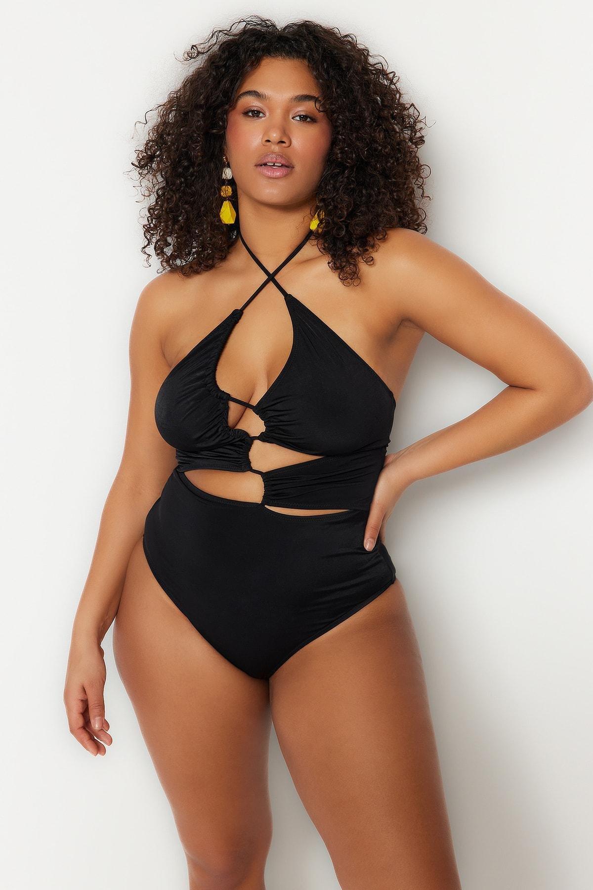 Black Plain Plus Size Swimsuit, , large image number 0