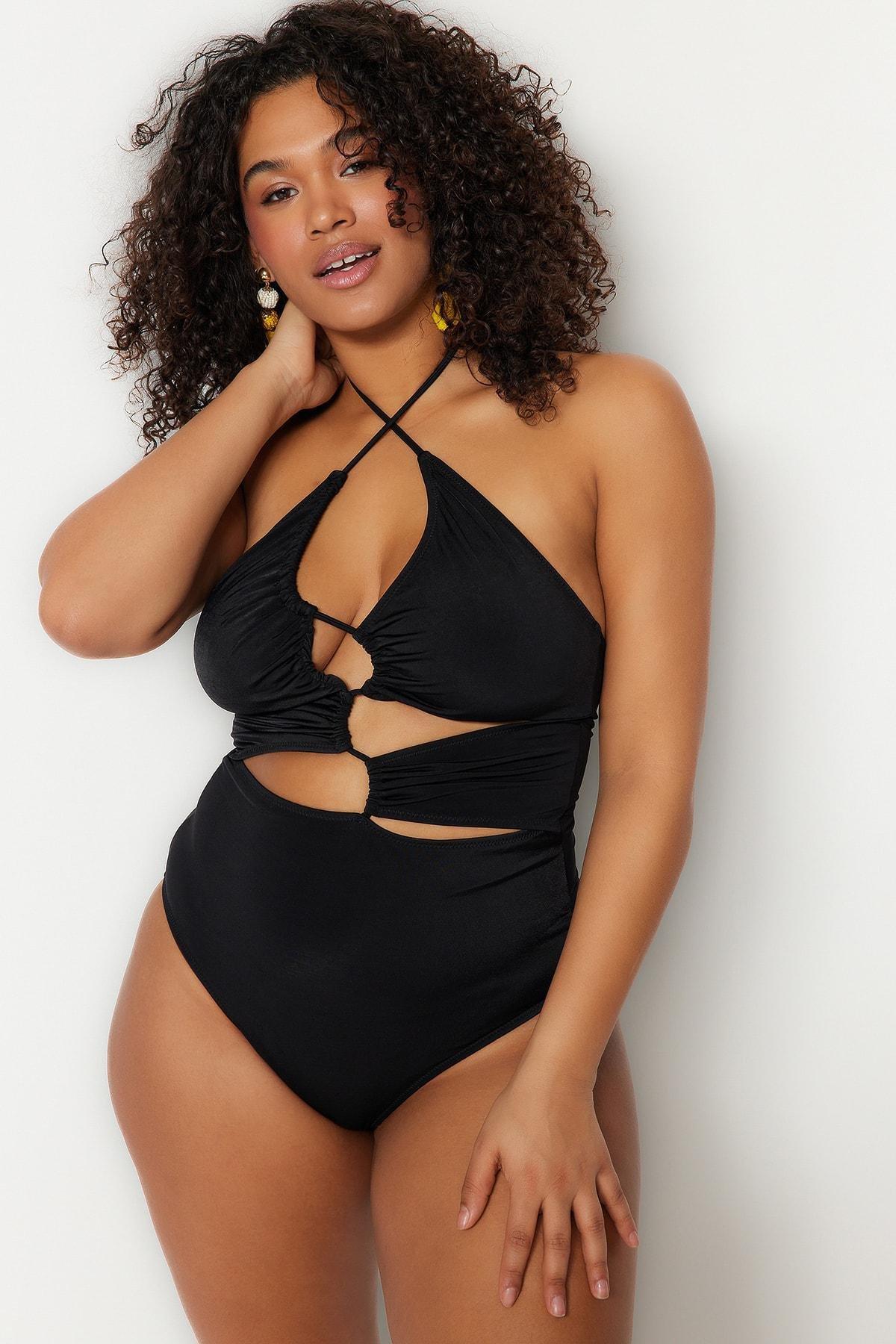 Black Plain Plus Size Swimsuit, , large image number 1