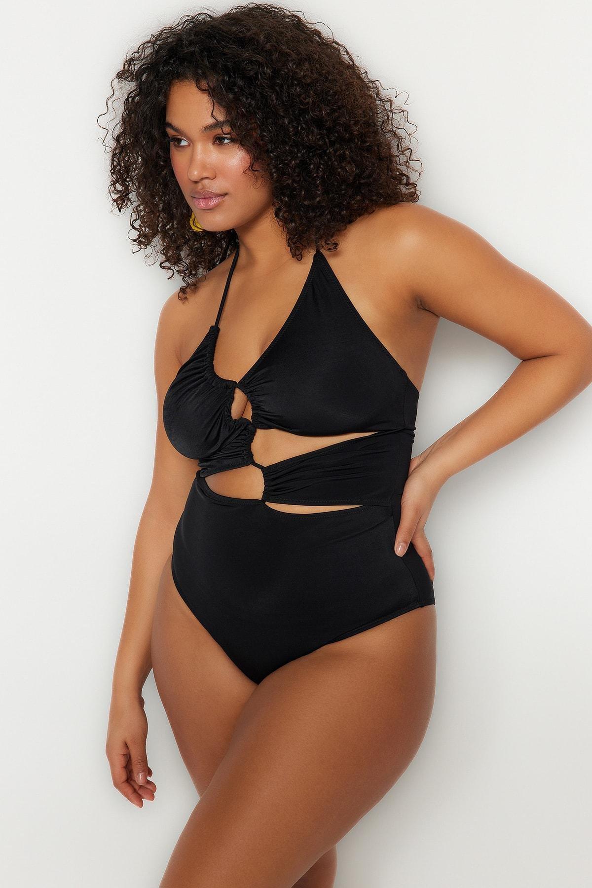 Black Plain Plus Size Swimsuit, , large image number 3