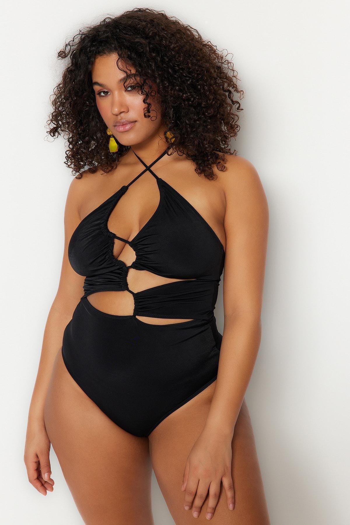 Black Plain Plus Size Swimsuit, , large image number 4