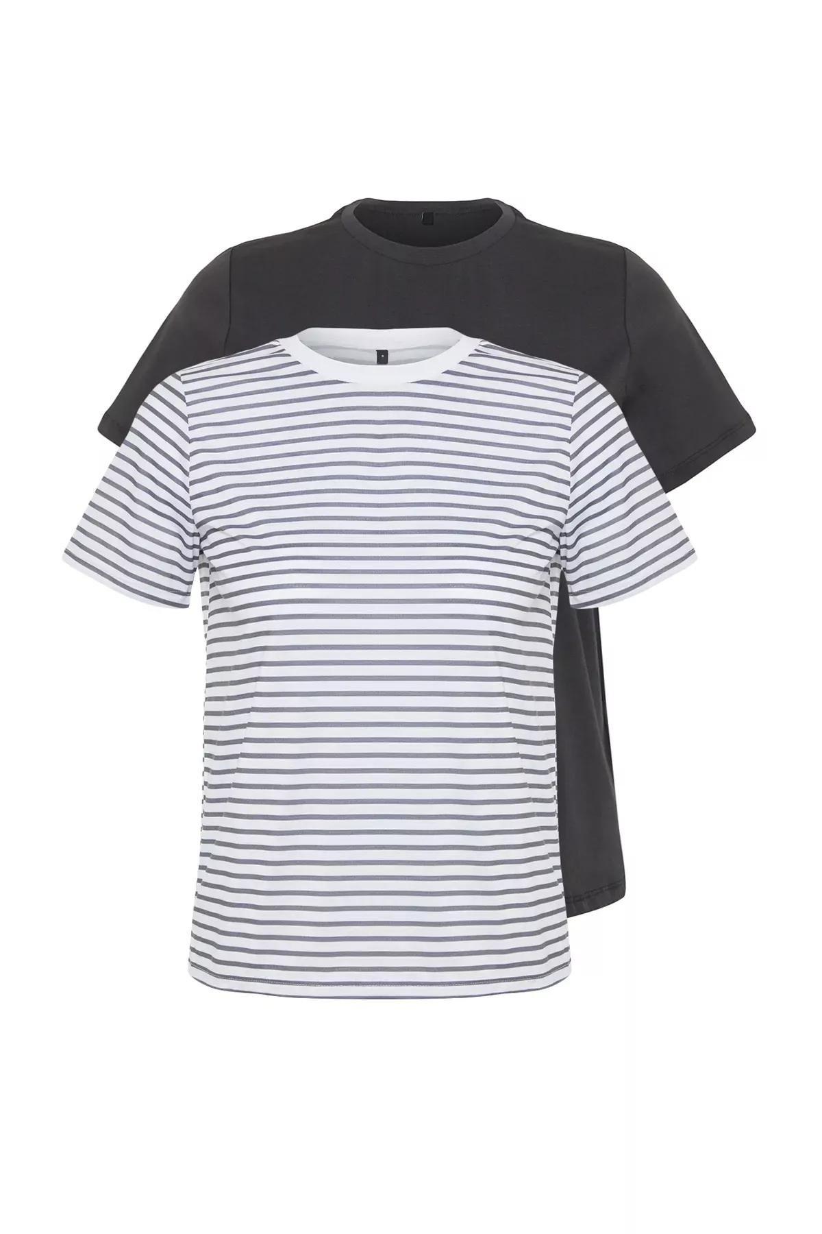 تيشيرت بفتحة رقبة مستديرة، مجموعة من قطعتين، رمادي, Gray, large image number 0