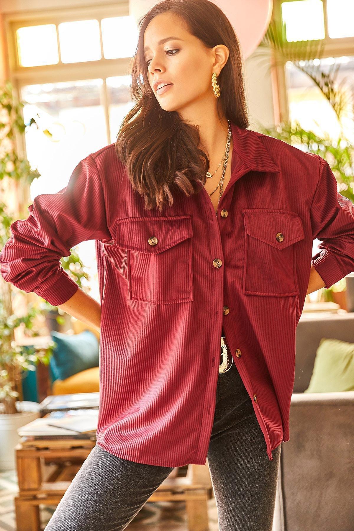 Red Double Pockets Oversized Corduroy Shirt, , large image number 0