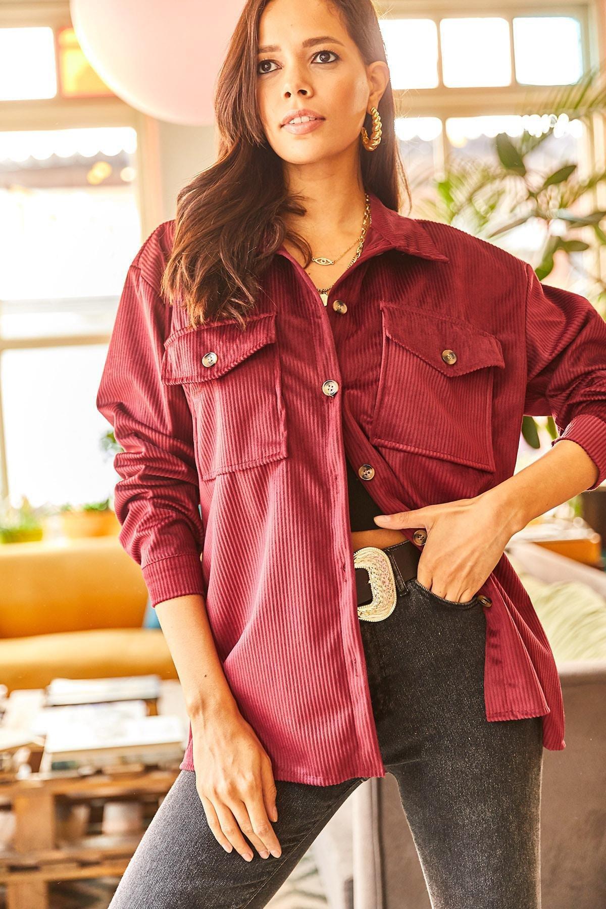 Red Double Pockets Oversized Corduroy Shirt, , large image number 1