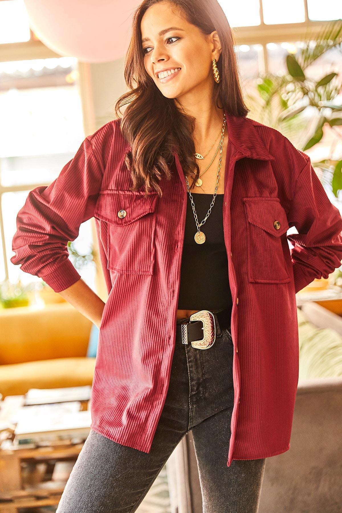 Red Double Pockets Oversized Corduroy Shirt, , large image number 3