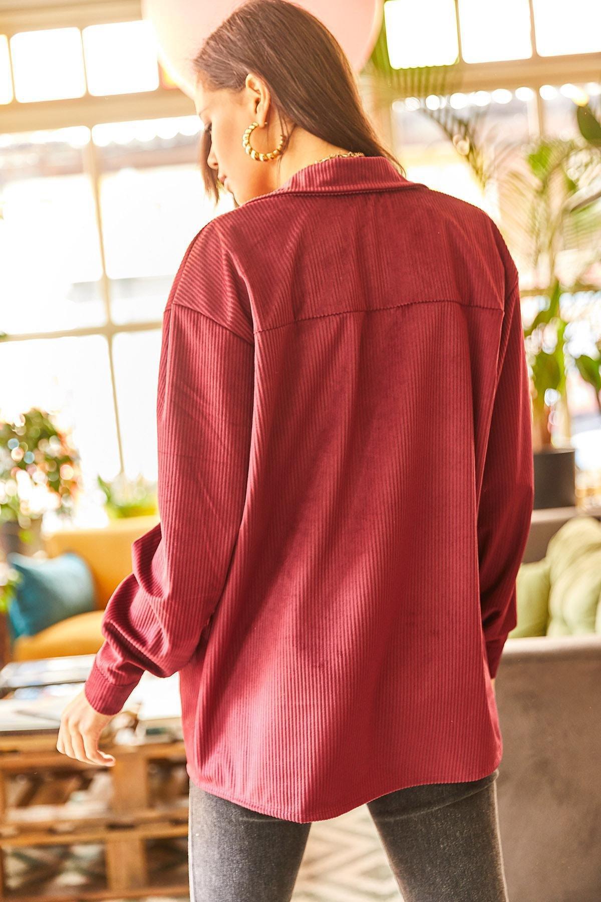 Red Double Pockets Oversized Corduroy Shirt, , large image number 4
