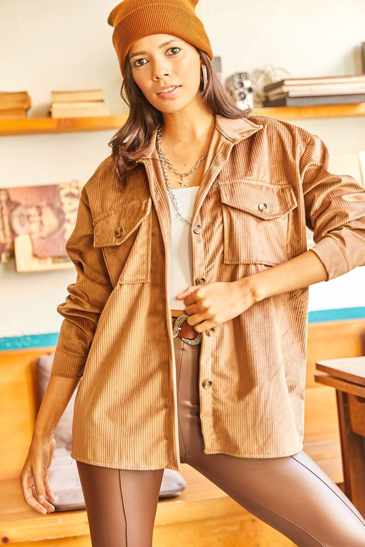 Brown Thick Ribbed Oversized Corduroy Shirt, , large image number 0