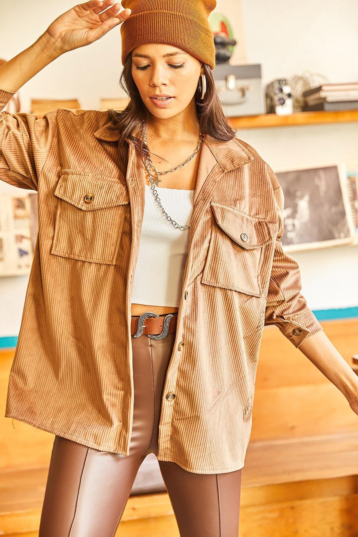 Brown Thick Ribbed Oversized Corduroy Shirt, , large image number 1
